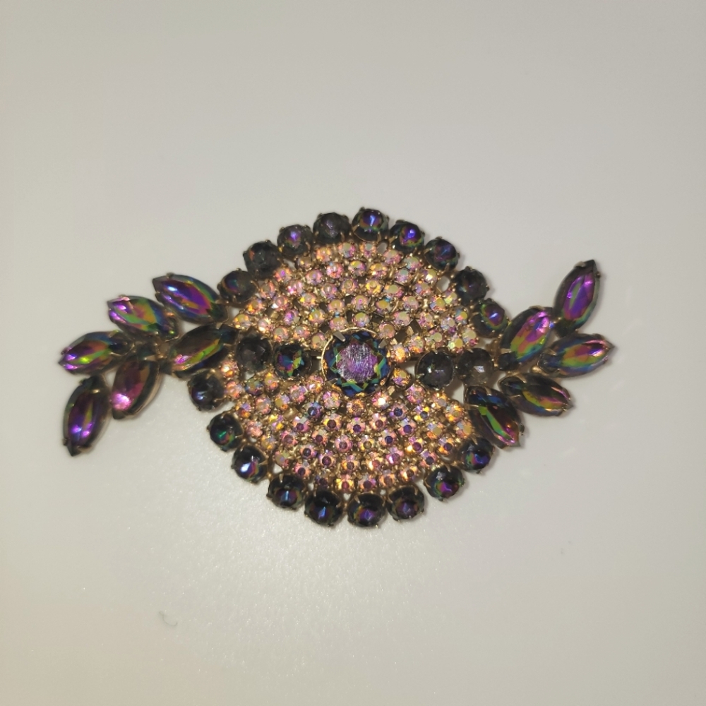 Vintage Brooch with Watermelon Vitrail AB Stones Navette Round GORGEOUS